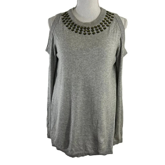 DG2 Gray Cold Shoulder Sweater Rhinestone Embellished Neckline Bling Small - Picture 1 of 8